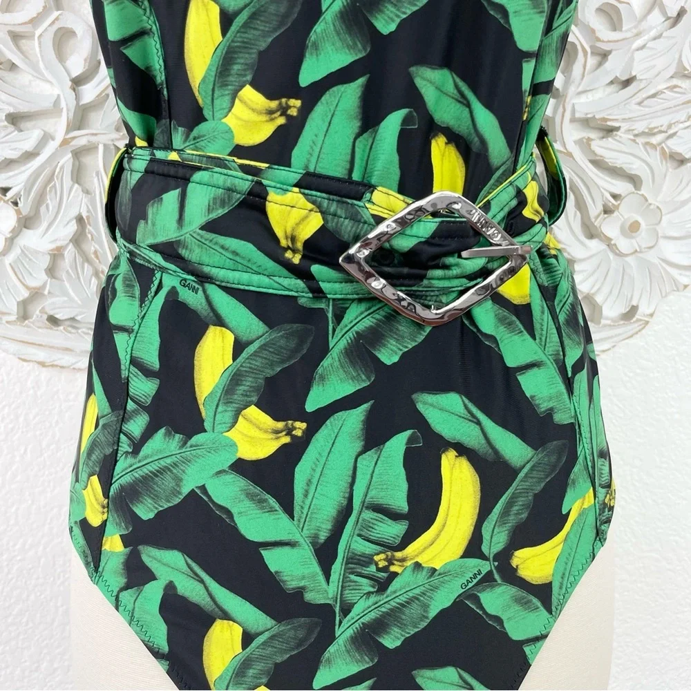 {Ganni} Banana Print Belted One-Piece Swimsuit, Plus Size 4XL/22